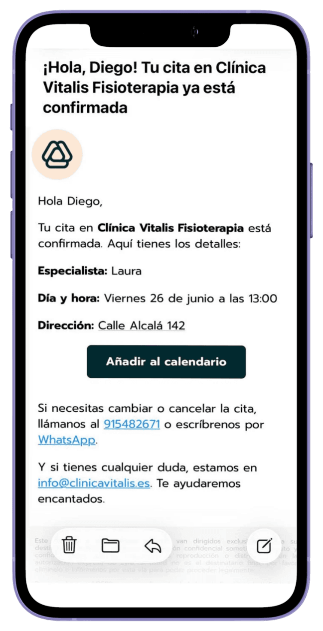 Recordatorio de cita por email en Zyra